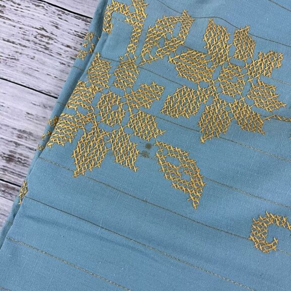 Vintage Blue Rectangular Dining Room Table Cloth w/ Gold Cross Stitch Flowers - Picture 4 of 11